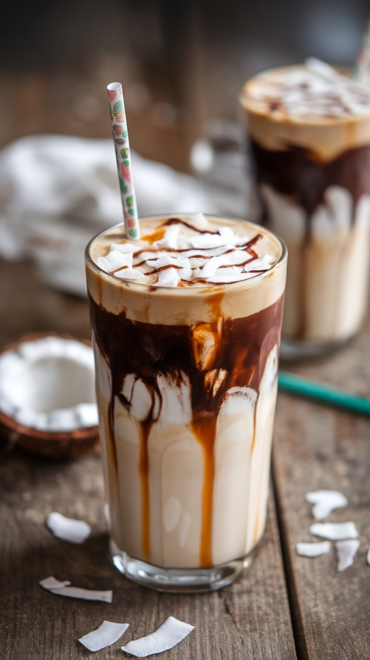 Iced Coconutmilk Mocha Macchiato in a tall glass with layers of coffee and coconutmilk, topped with caramel and coconut flakes.